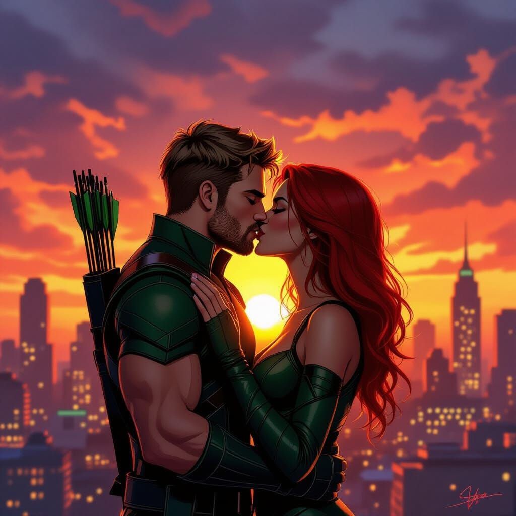 Green Arrow and Black Canary Kiss at Sunset