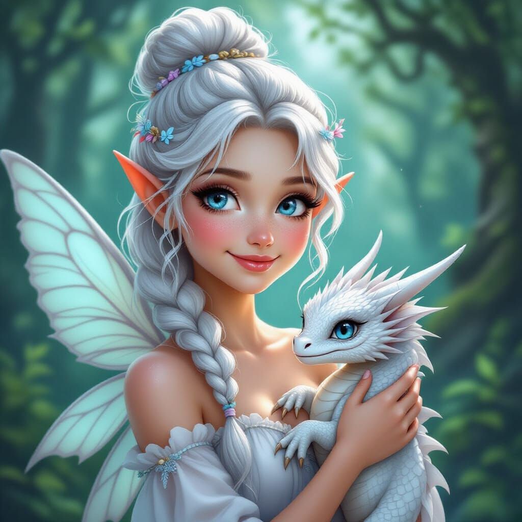 Beautiful Fairy with Dragon in Mystical Forest