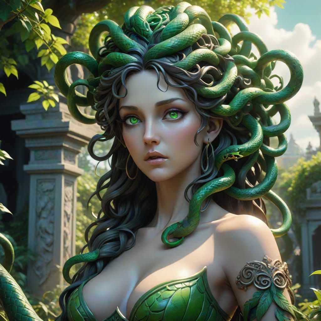 Medusa in a Garden of Statues: Dark Fantasy Art