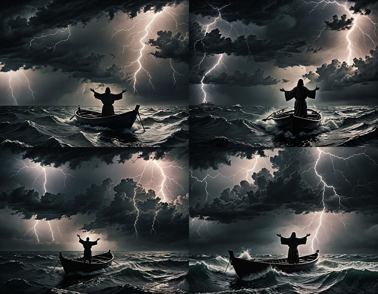 Silhouette of a Man Calming a Storm at Sea