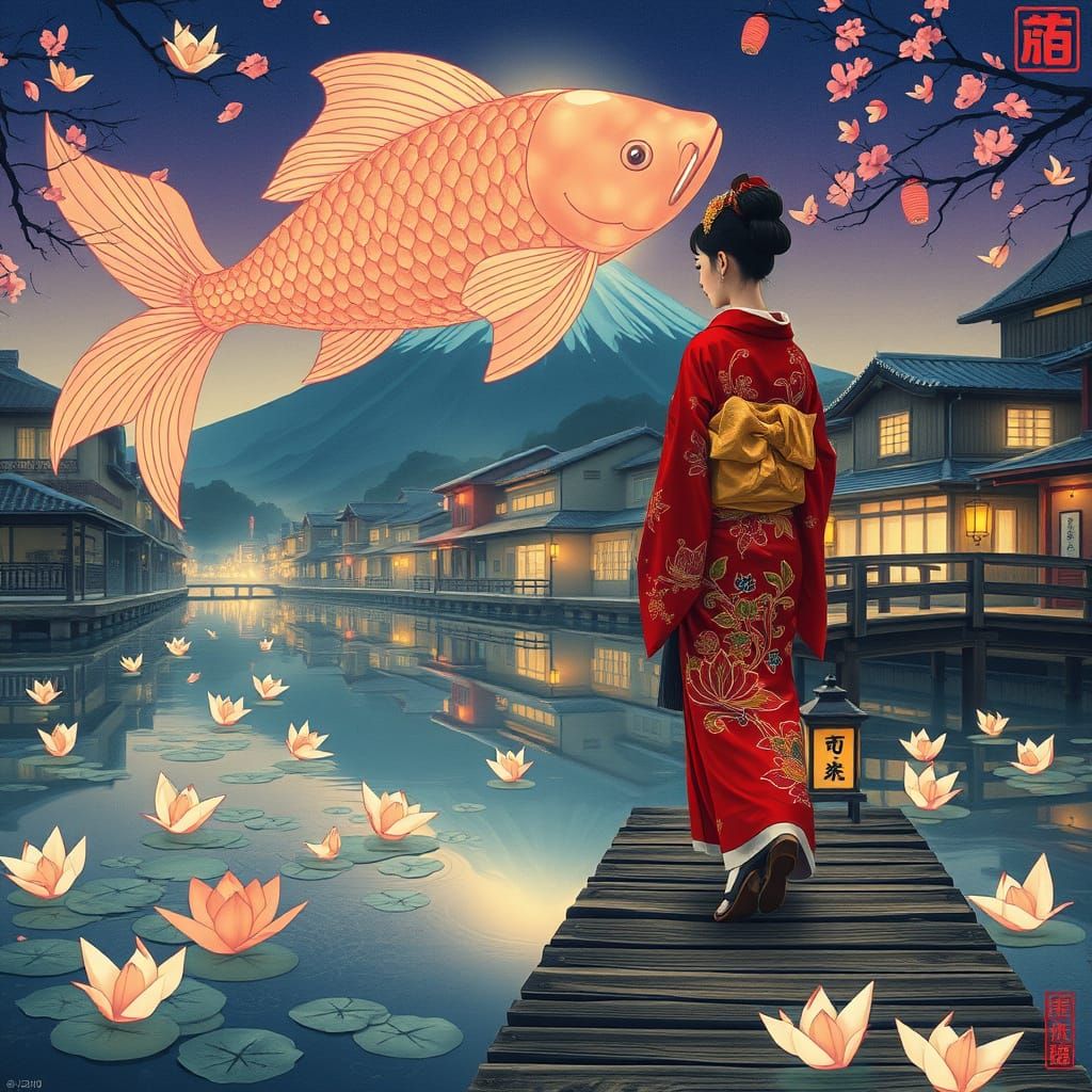 Geisha in Edo Village with Sakura Koi, Ukiyo-e Style