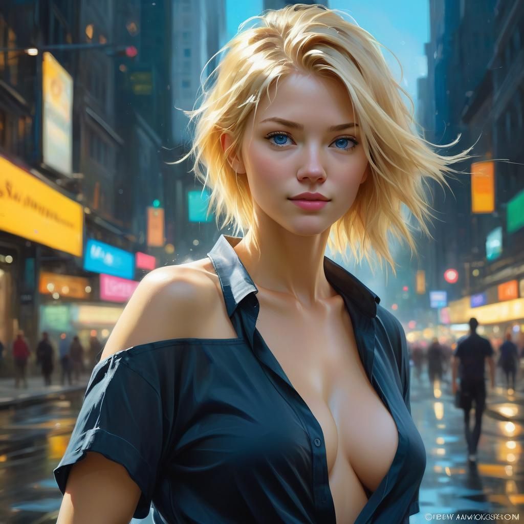 Blonde Woman in Oil Painting with Bokeh Background