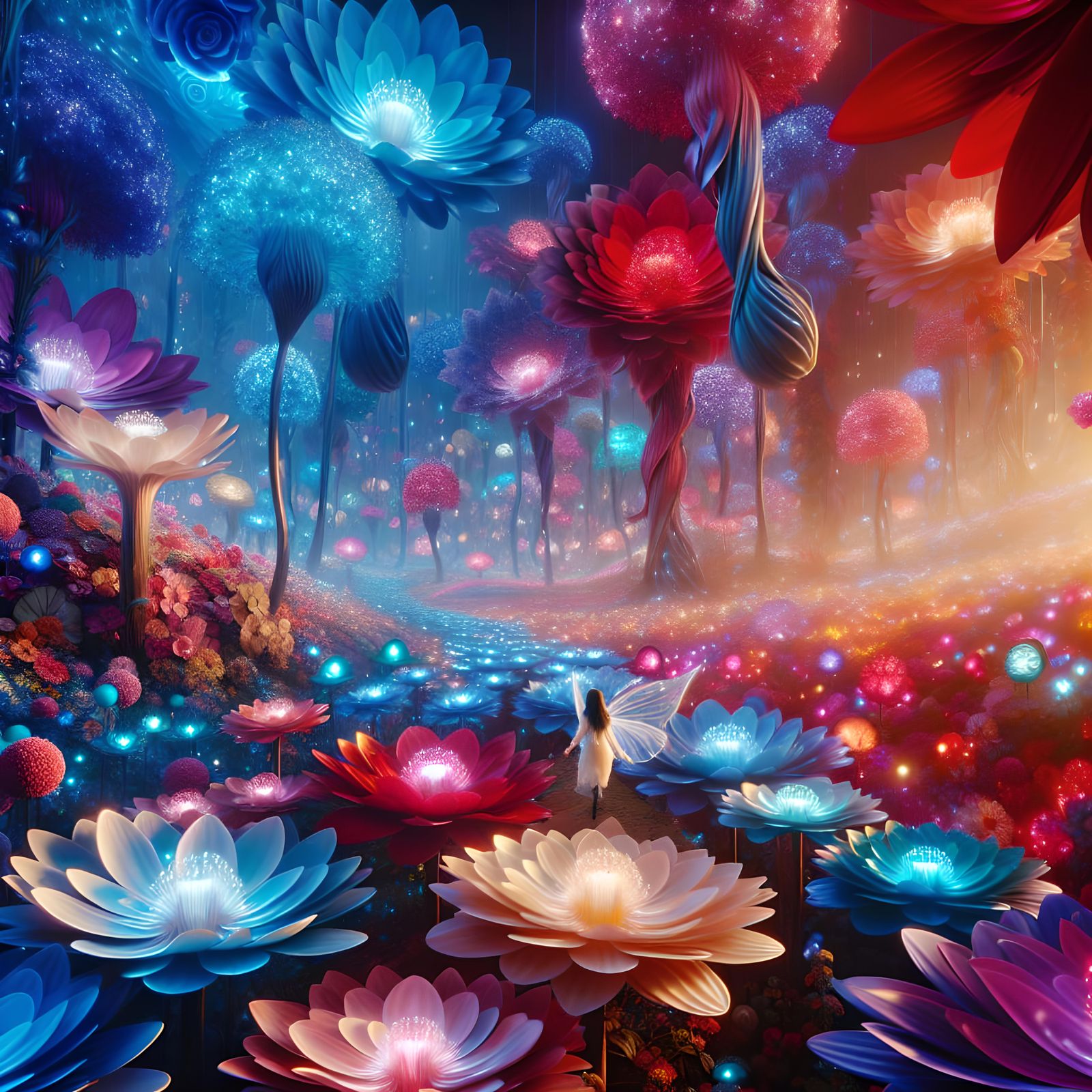 Imagine you are 1 inch tall walking through a field of beautiful fantasy fairy flowers.