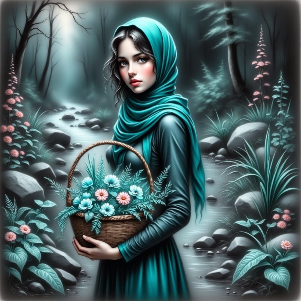 Woman in Teal Hijab, Charcoal Art Style