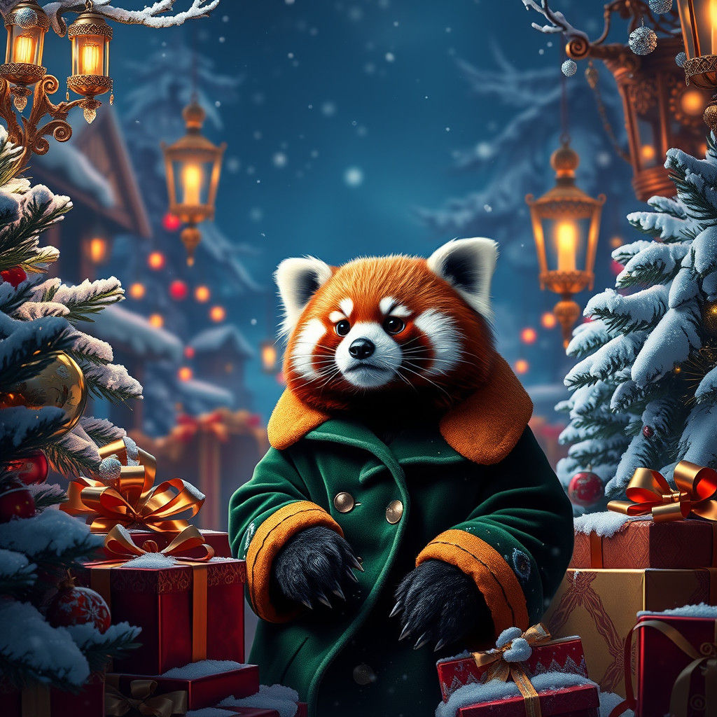 Pouting Red Panda in Winter Wonderland