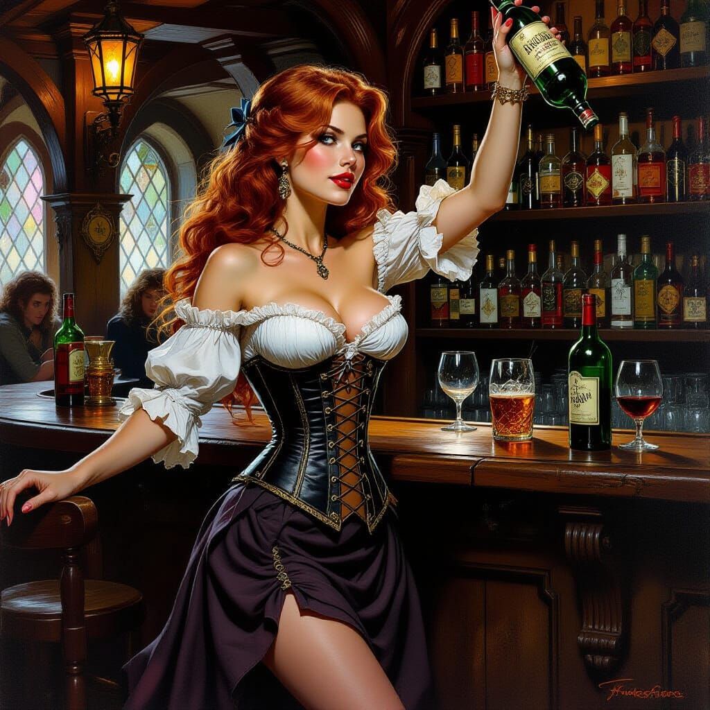 Fantasy Tavern Barmaid in Oil Painting Style