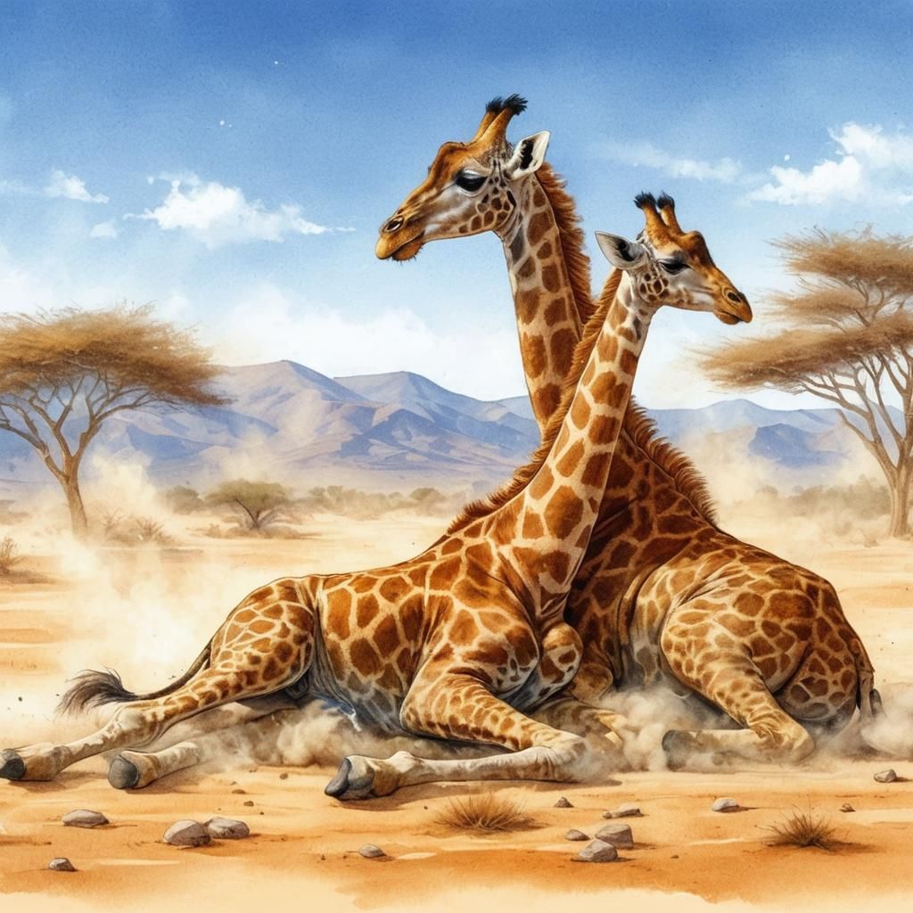 Two Giraffes Sitting In African Desert