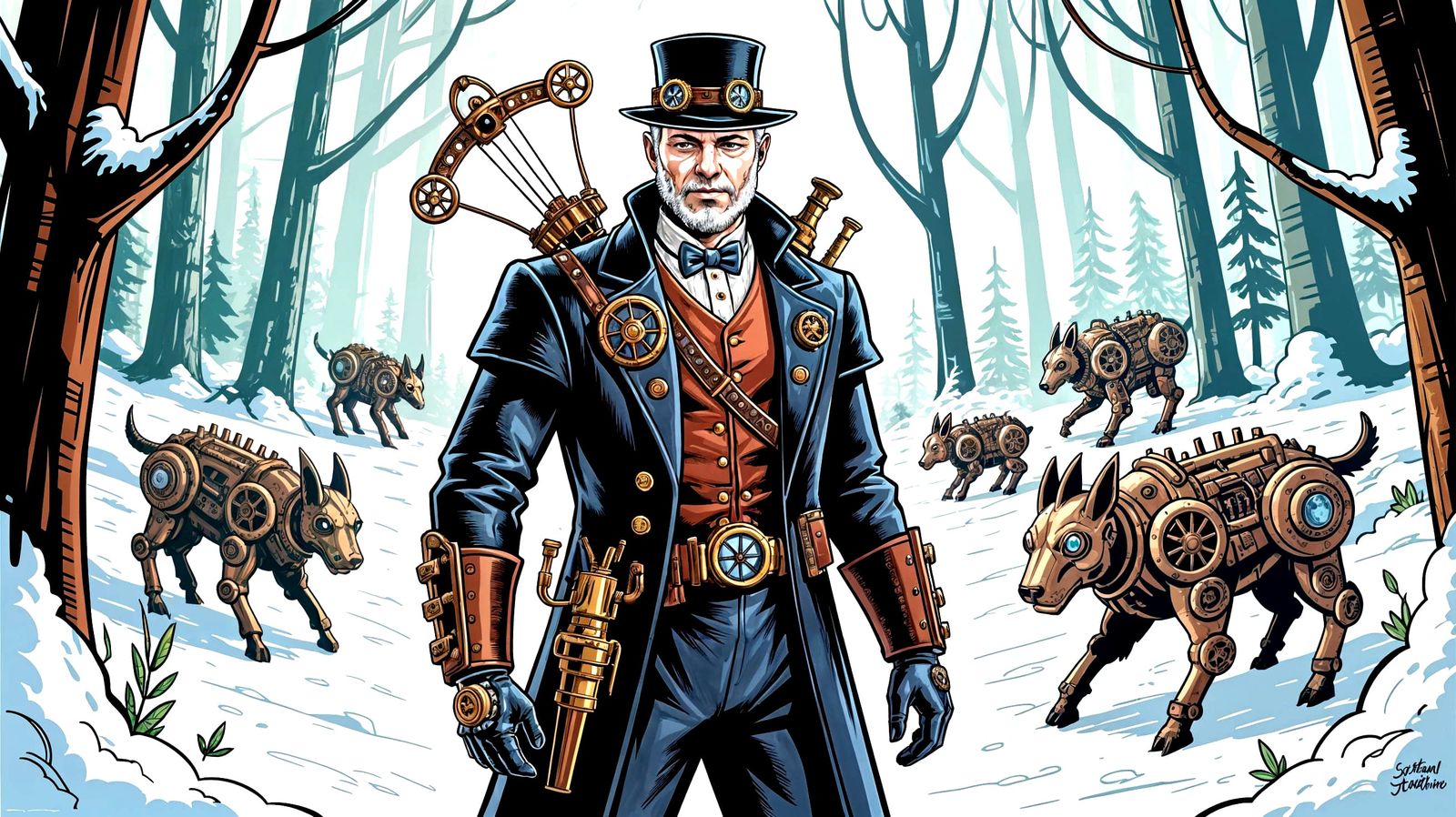 Steampunk hunter hunting mechanical game.