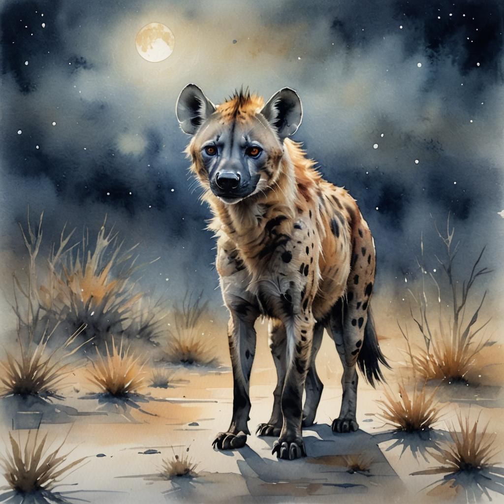 Moonlit Hyena in Savannah Watercolor Illustration