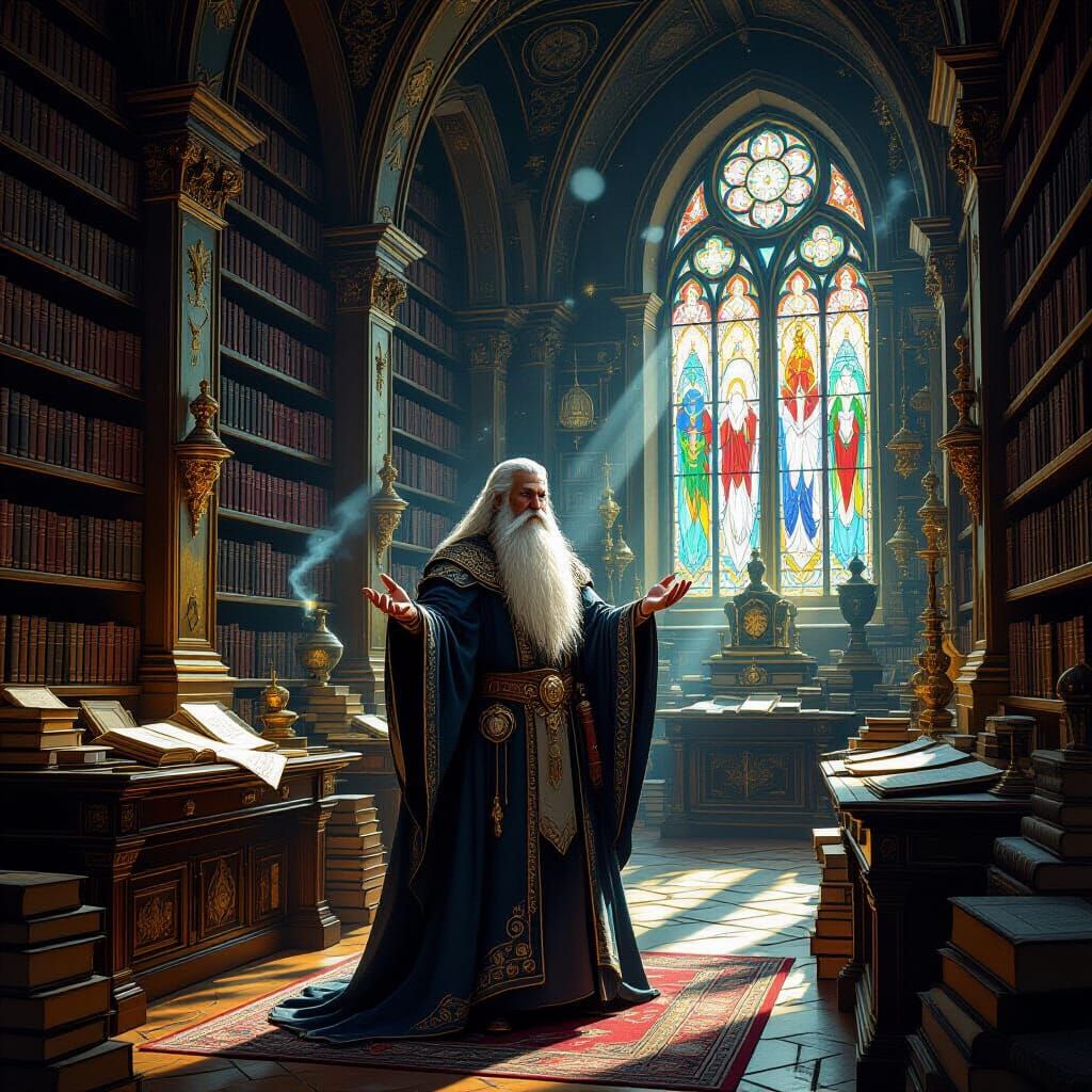 Grand Wizard in Ancient Library: Digital Painting