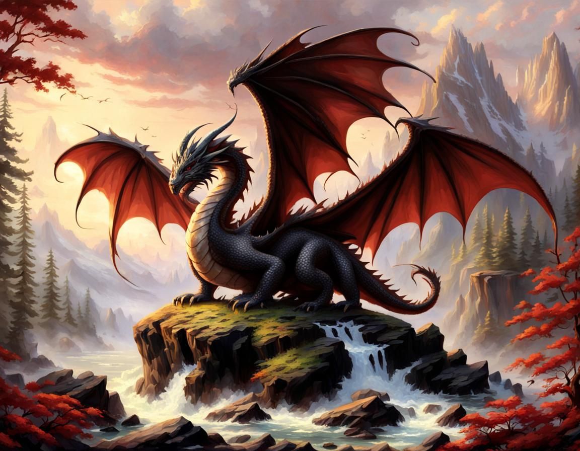 Fantasy Dragon on Red Rock, Kinkade Style