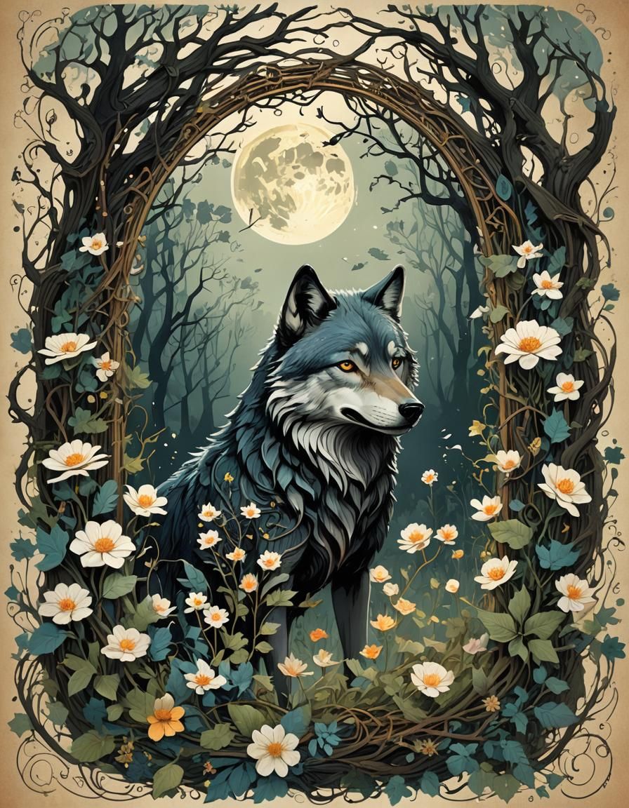 Fairytale Wolf with Calligraphy in Art Nouveau Style