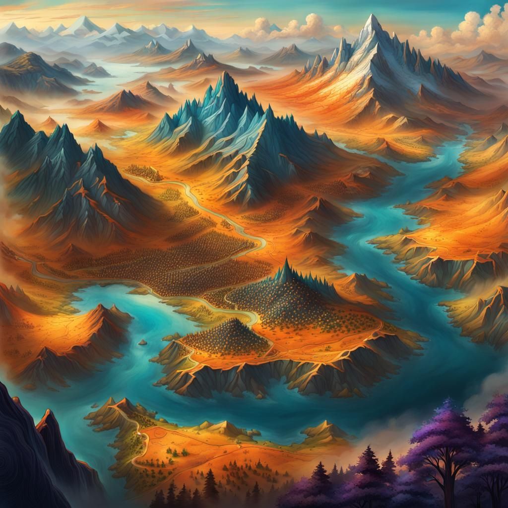 Fantasy Map of Emberpeak Mountains in Matte Painting Style