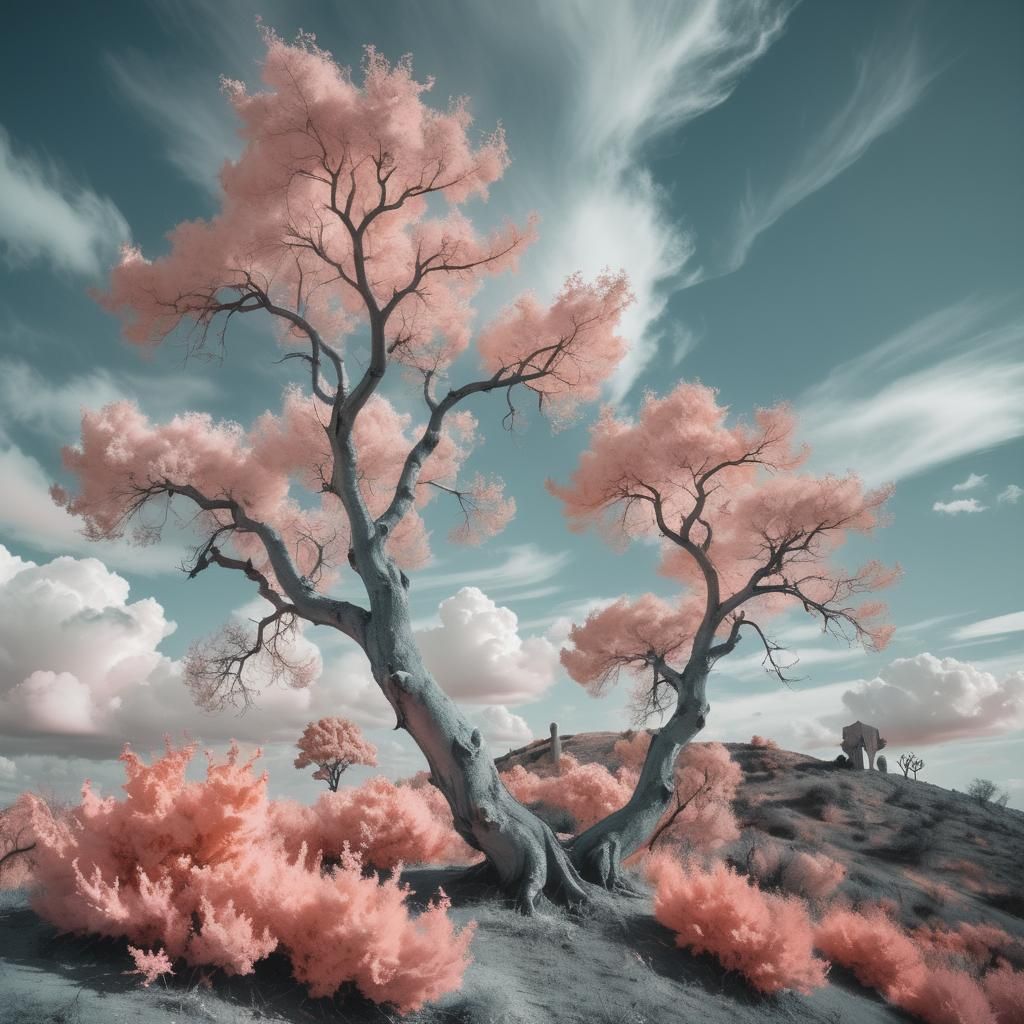 Surreal Infrared Landscape with Pink Foliage and Star Trails