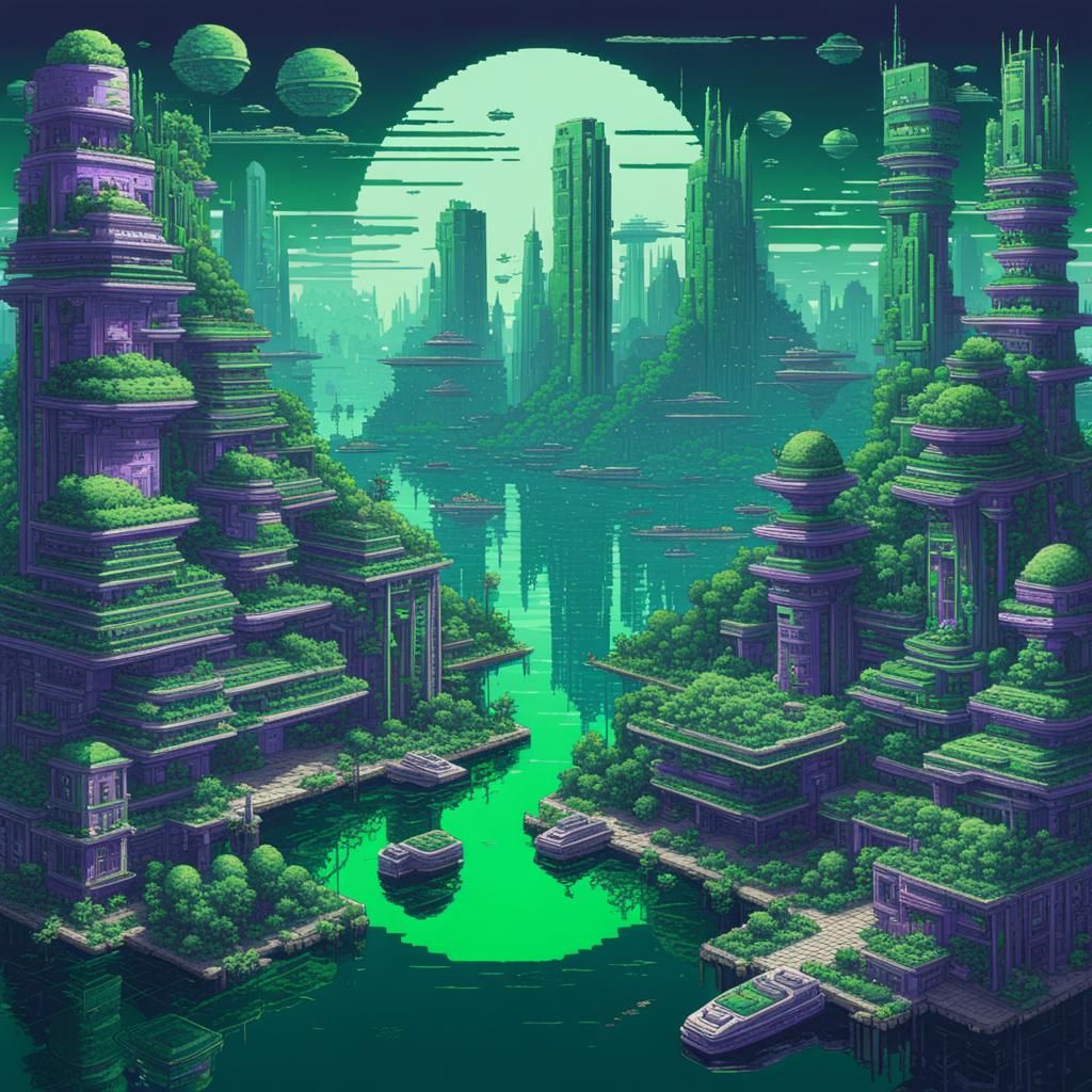 Futuristic Green City in 8-bit Pixel Art