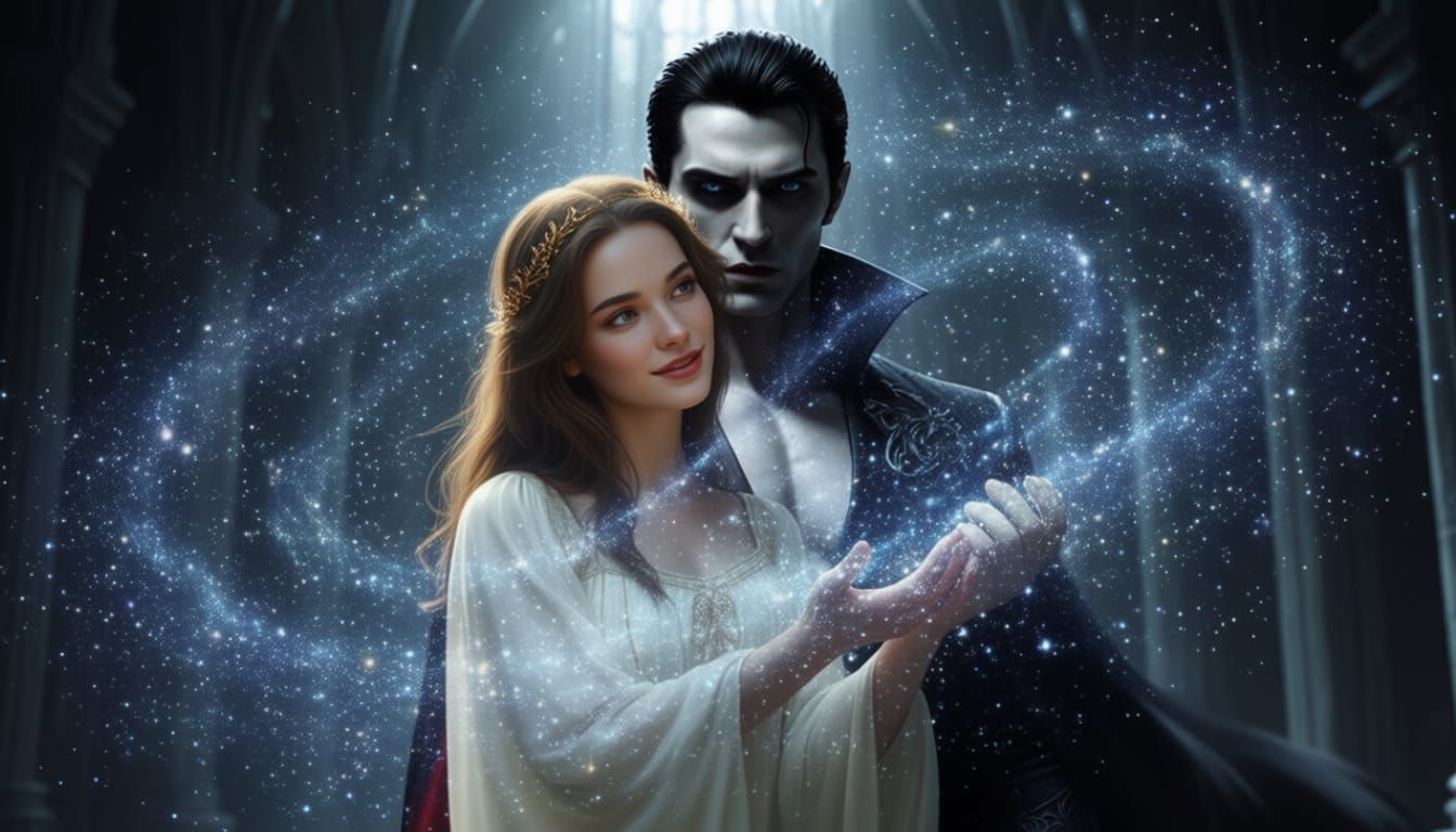 Couple Gazing Into Each Other's Eyes Amidst Star Whirlwind