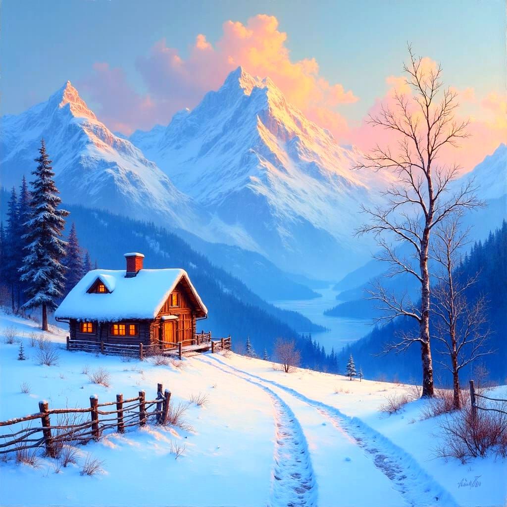 Cozy Winter Cabin Amidst Alpine Mountains Impressionist Oil ...