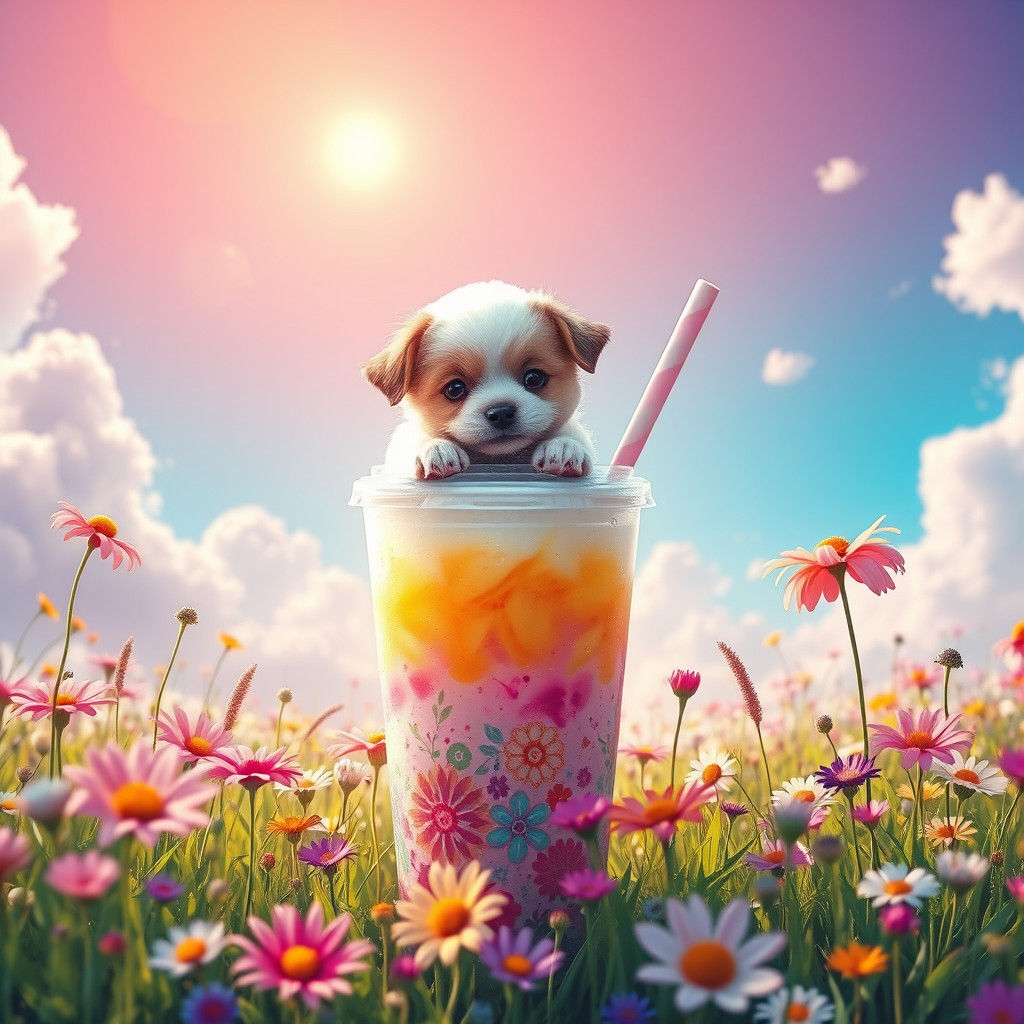 Puppy and Boba Drink in Whimsical Meadow, Matte Painting