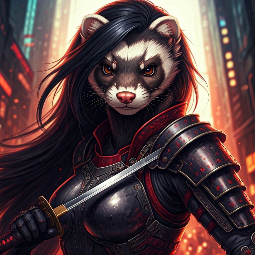 Futuristic Manga Ferret Swordswoman in Cyberpunk City