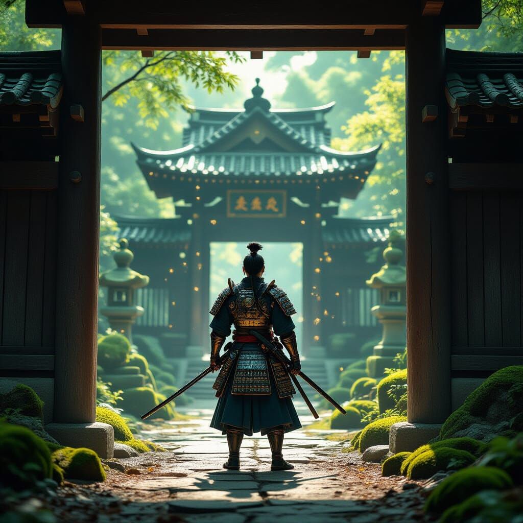Samurai Warrior at Ancient Temple in Enchanted Woodland