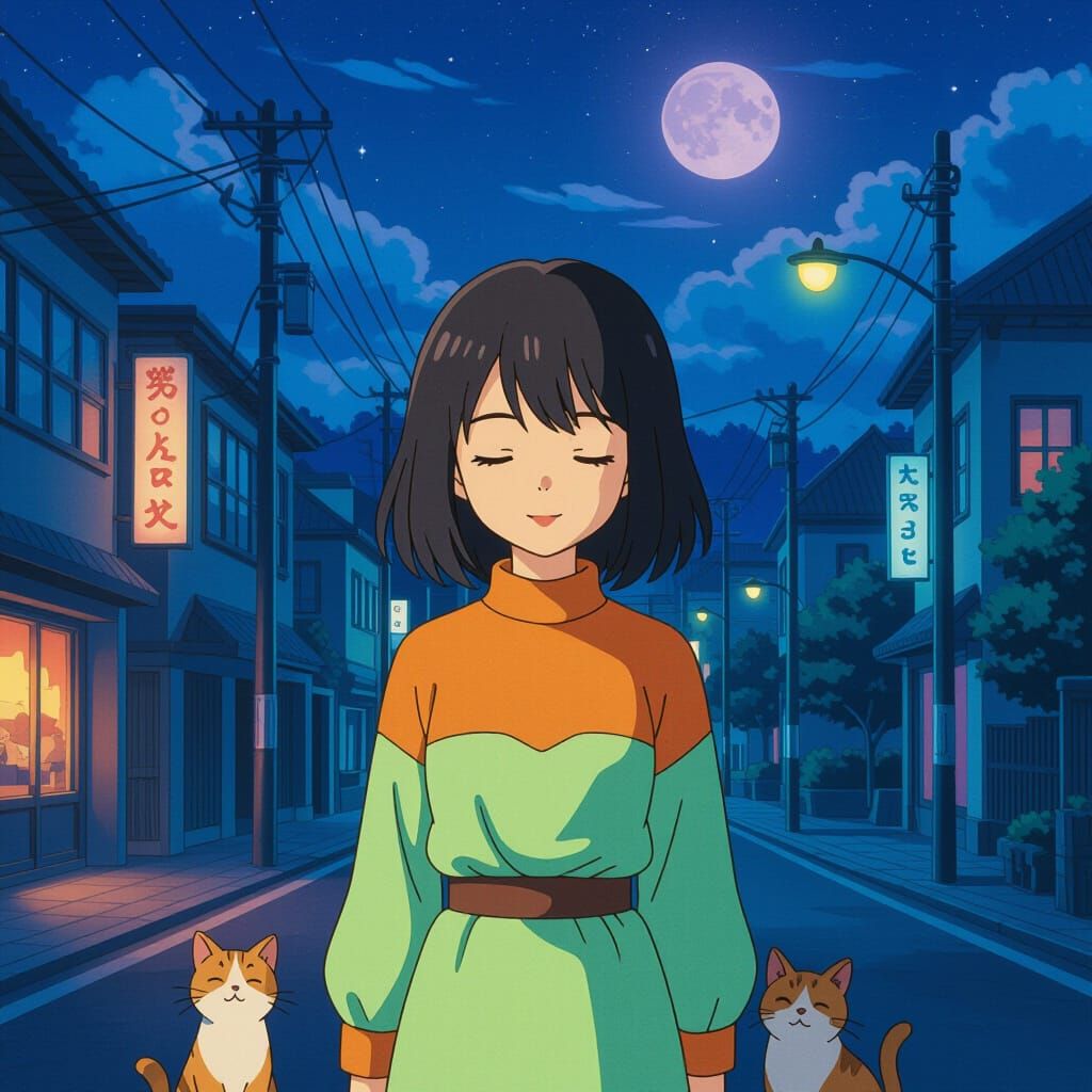 Anime Girl and Cat Under Violet Moon in Ghibli Style