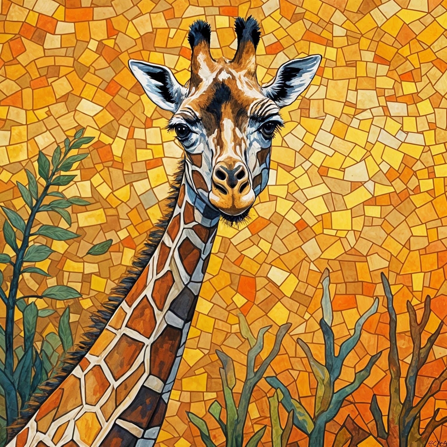Mosaic Giraffe in African Savannah, Impasto Gouache Style