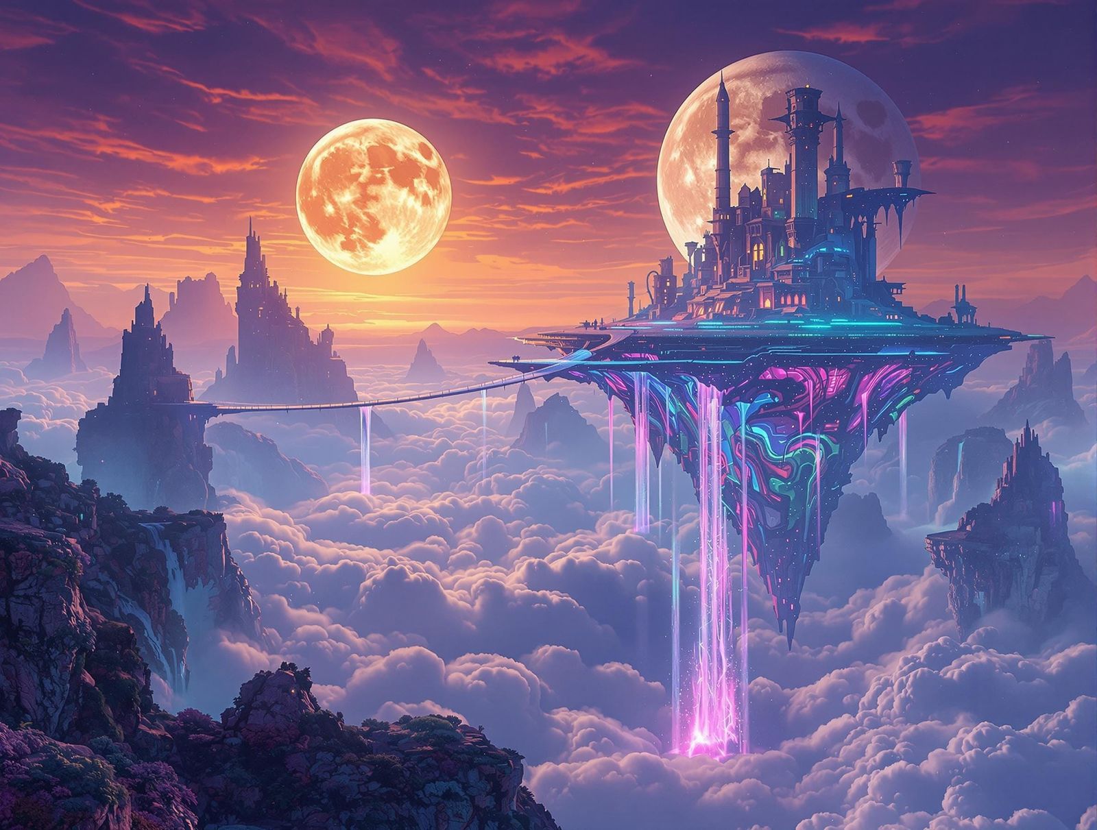 Dreamlike Islands of Iridescent Wonder in a Fantastical Sky