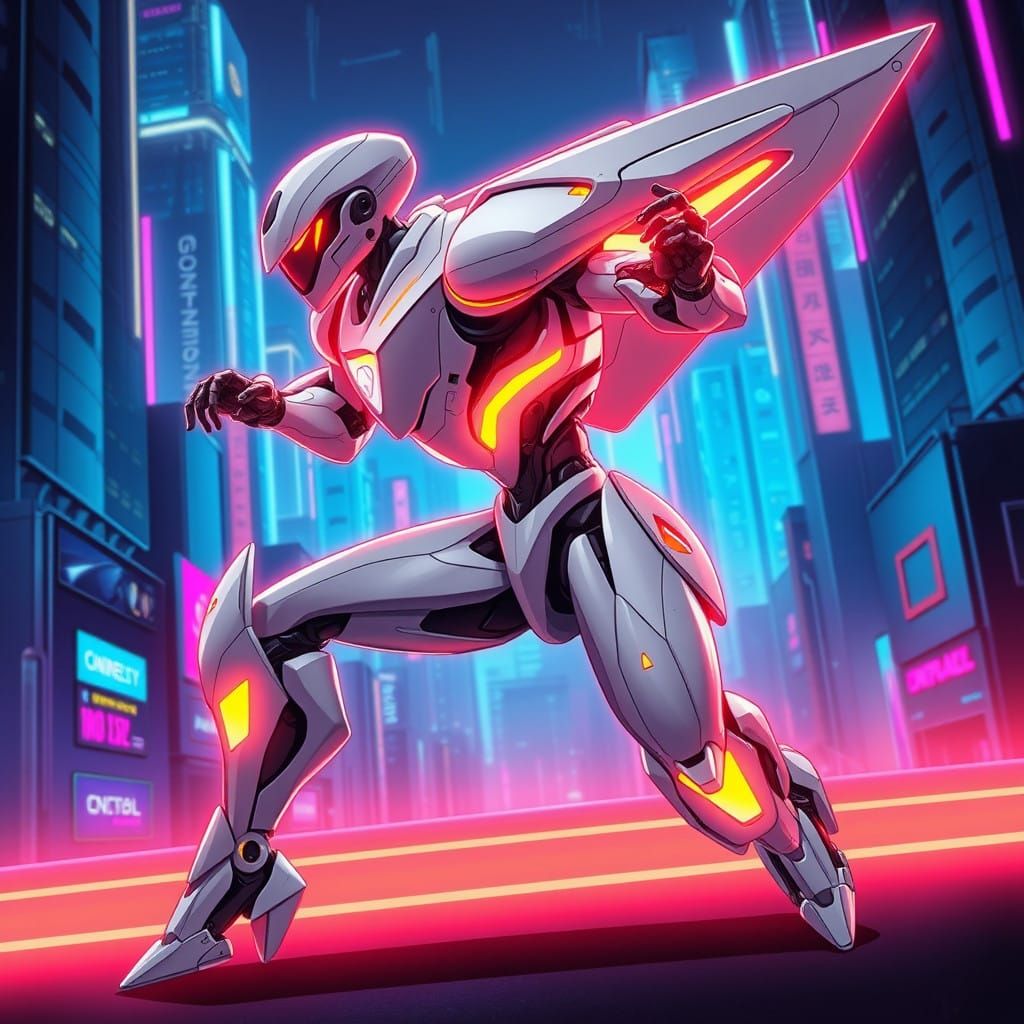 Sleek Sci-Fi Robot Concept Art in Vibrant Neon