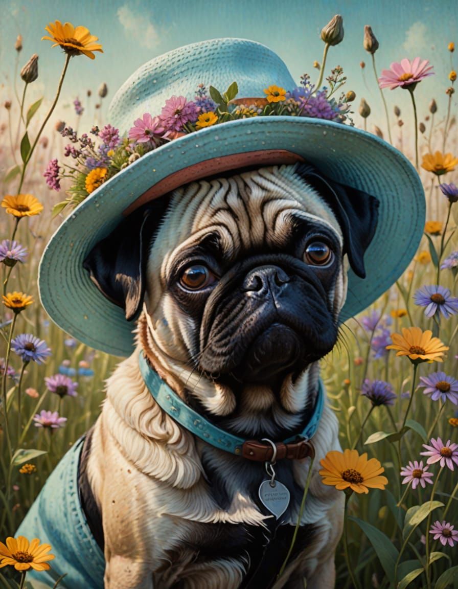 Whimsical Portrait of a Girl and Her Curly-Haired Pug in a F...