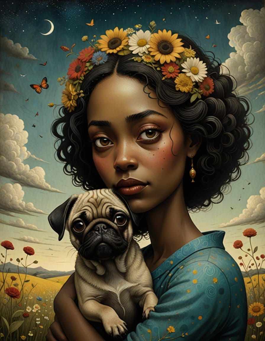 Dreamlike Portrait of a Woman and Her Lovable Pug Surrounded...