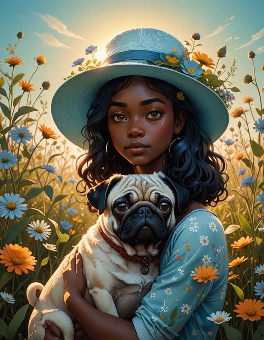 Whimsical Portrait of a Black Girl with a Pug in a Floral Wo...