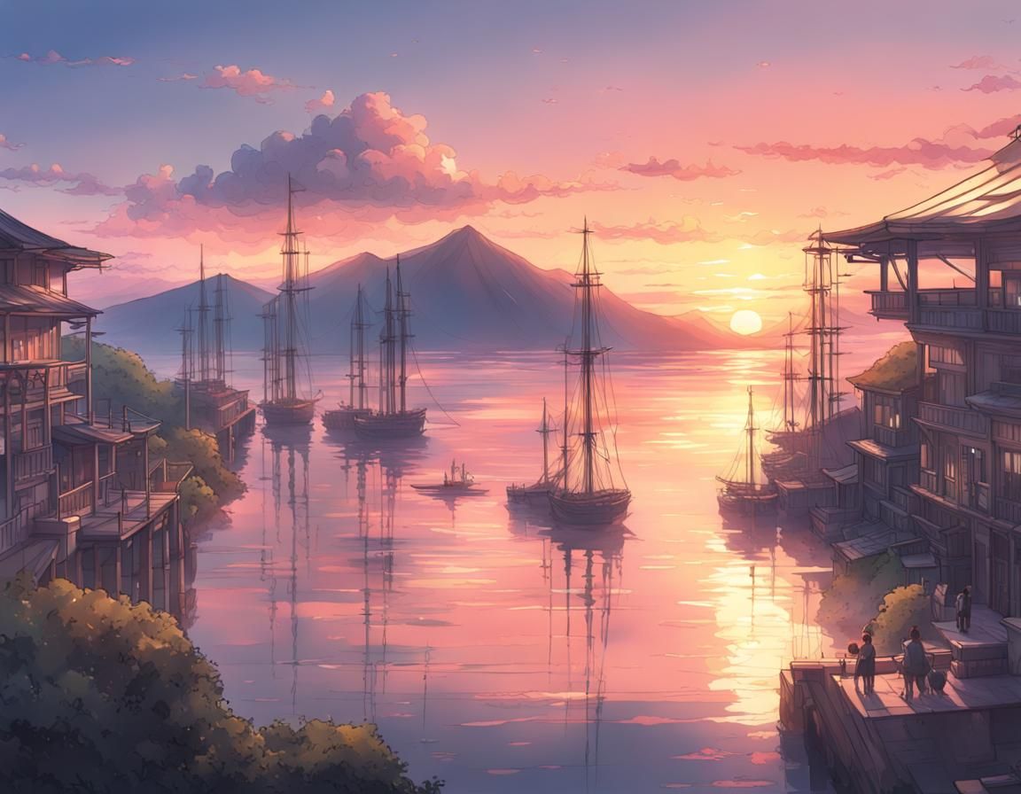 Anime Sunset Over Bay with Pastel Colors