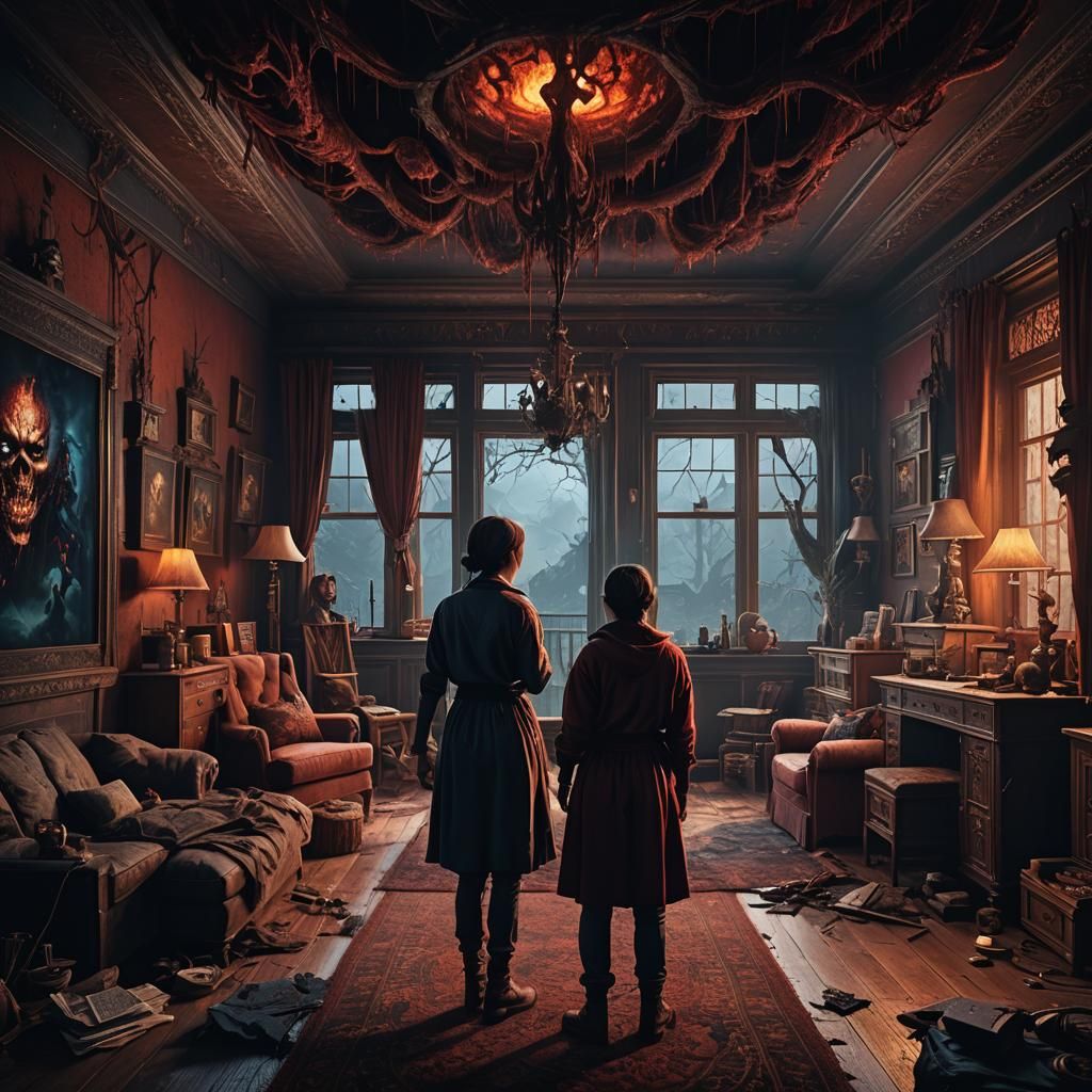 Woman Watching Horror Videos: Detailed Matte Painting