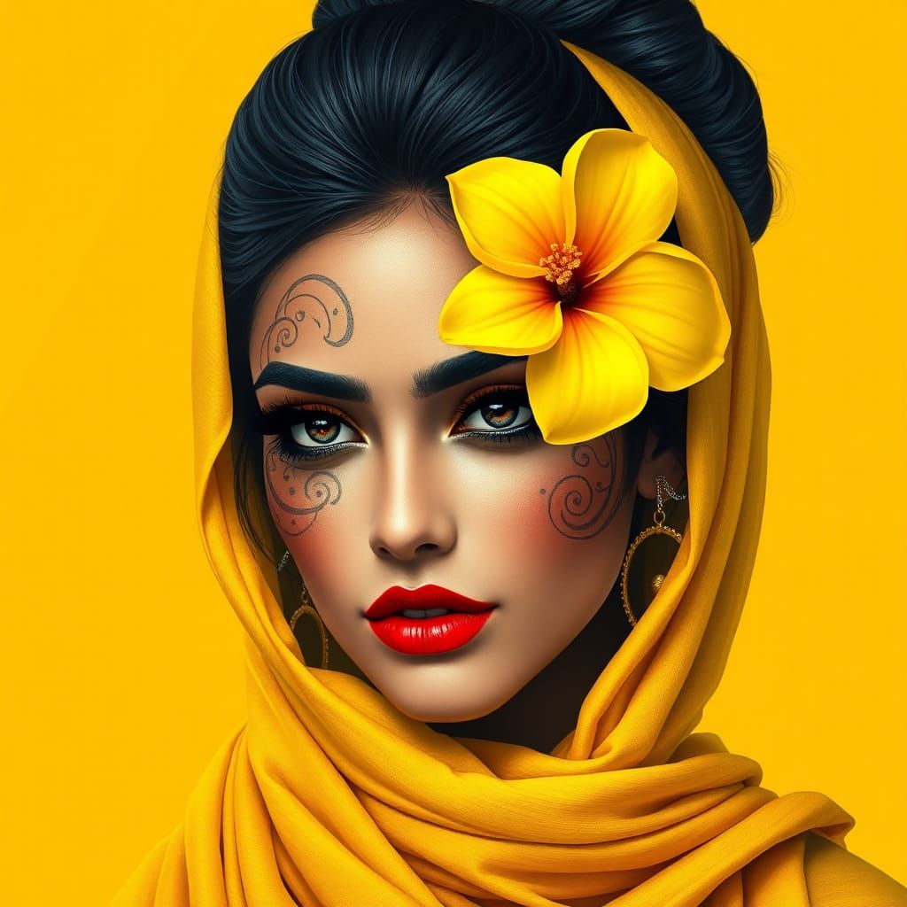 Opulent Woman Portrait with Henna Design, Digital Art