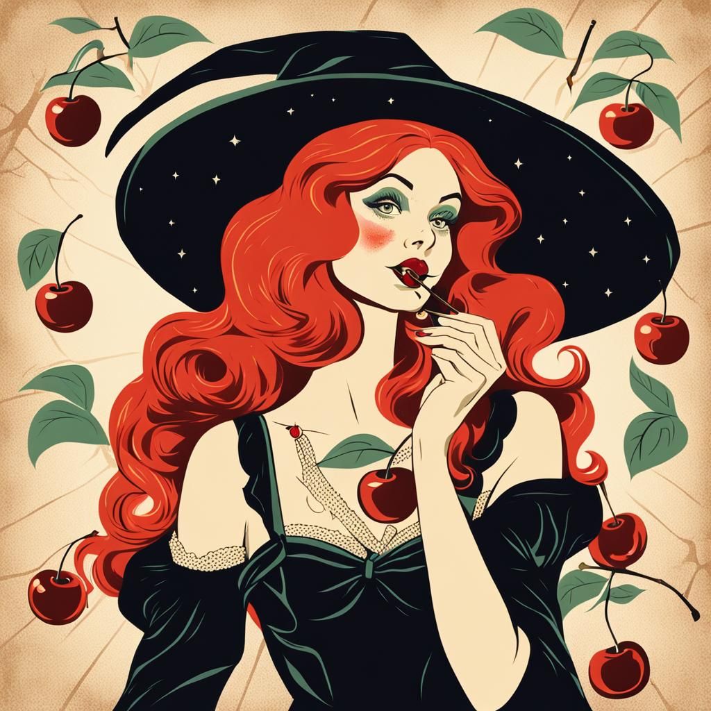 Retro Mid-Century Witch with Cherry Illustration