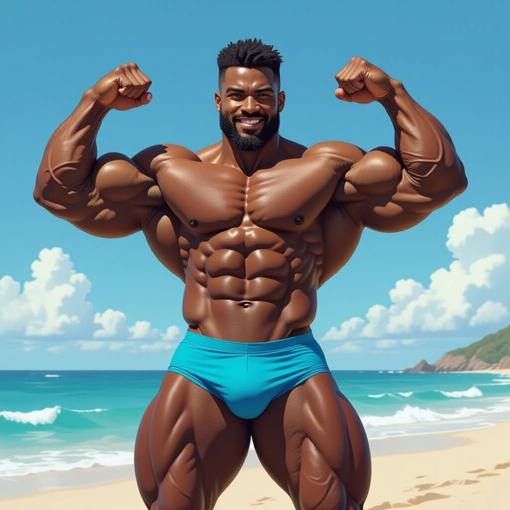 Bodybuilder Flexing on Beach in Digital Art Style