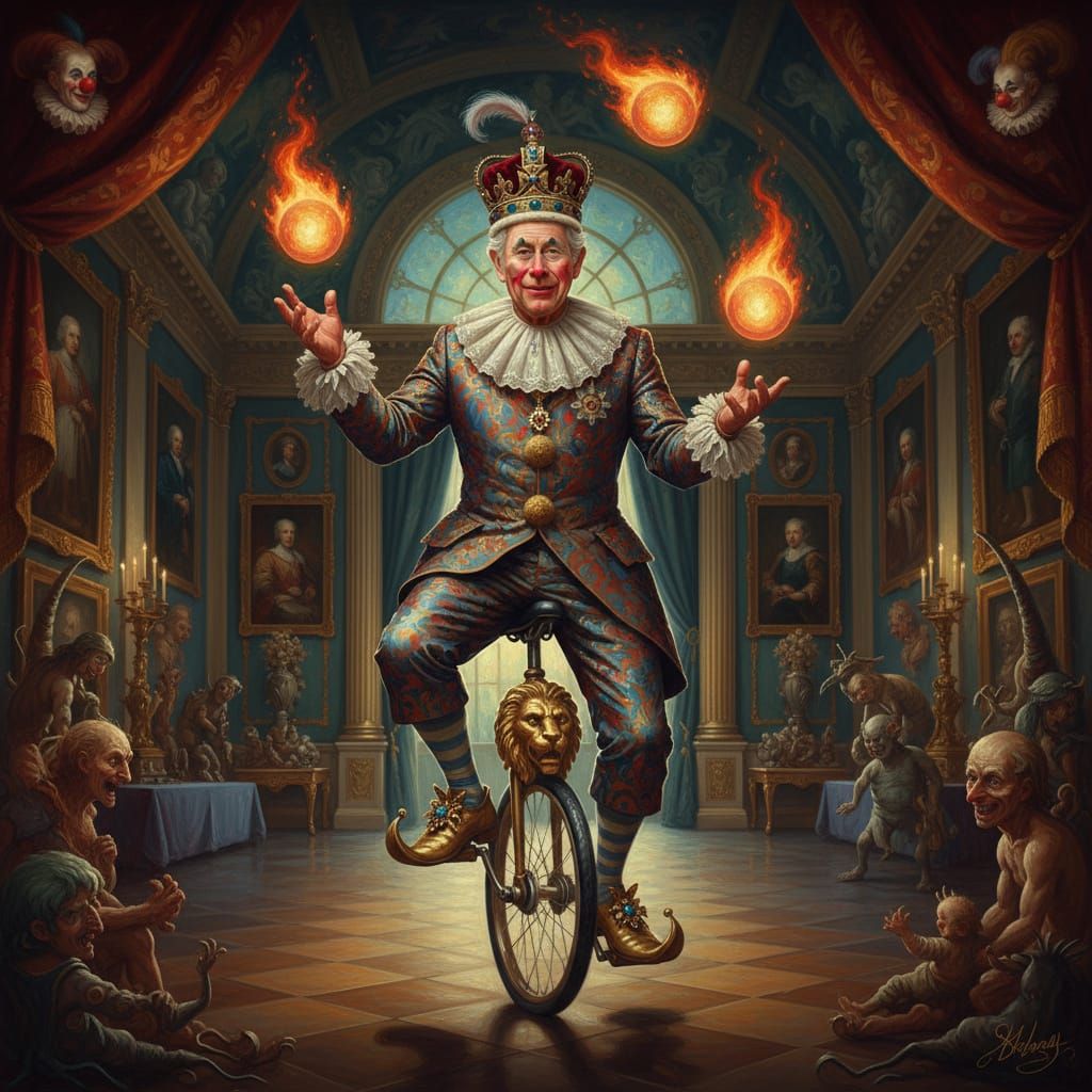 Clown King Charles III Juggles Fire Balls in Palace