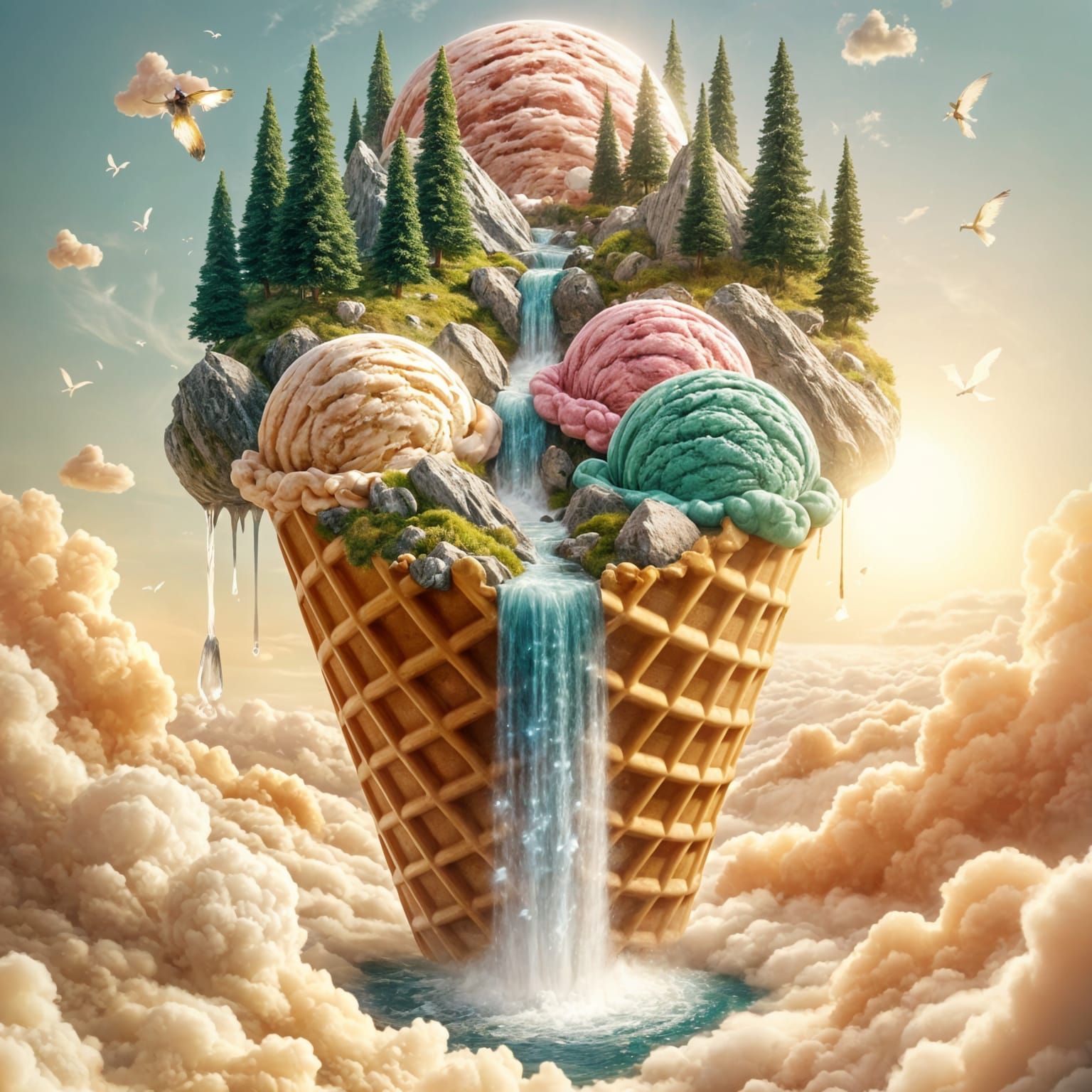 Surreal Ice Cream Mountain Waterfall Landscape