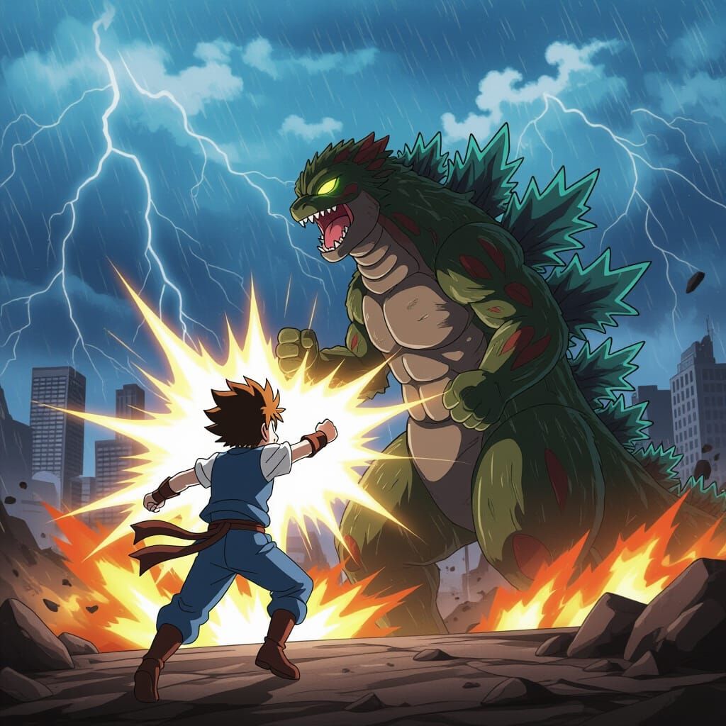 Hero Charges Kaiju in Epic Anime Battle Scene