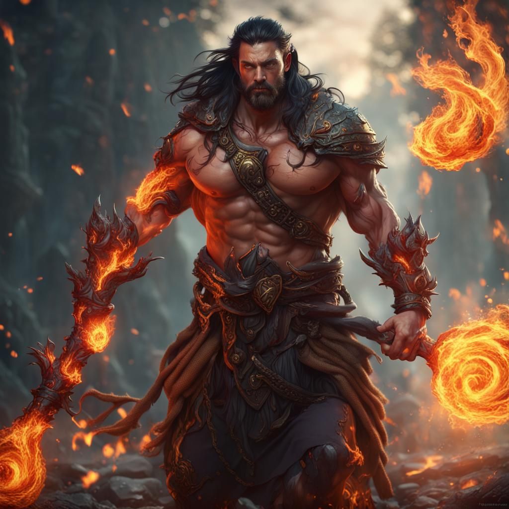 Muscular Druid Wielding Fire: Fantasy Concept Art