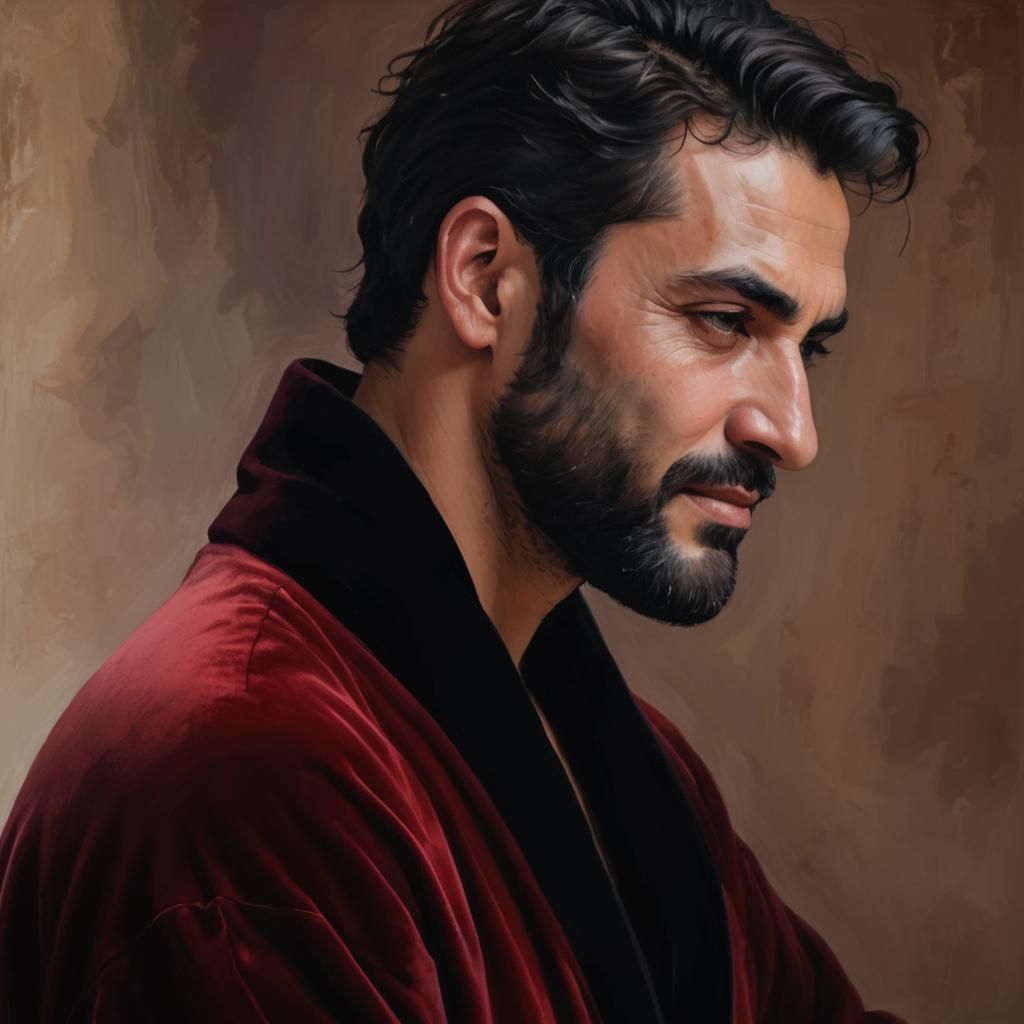 Pensive Man in Red Velvet Bathrobe: Impasto Oil Portrait