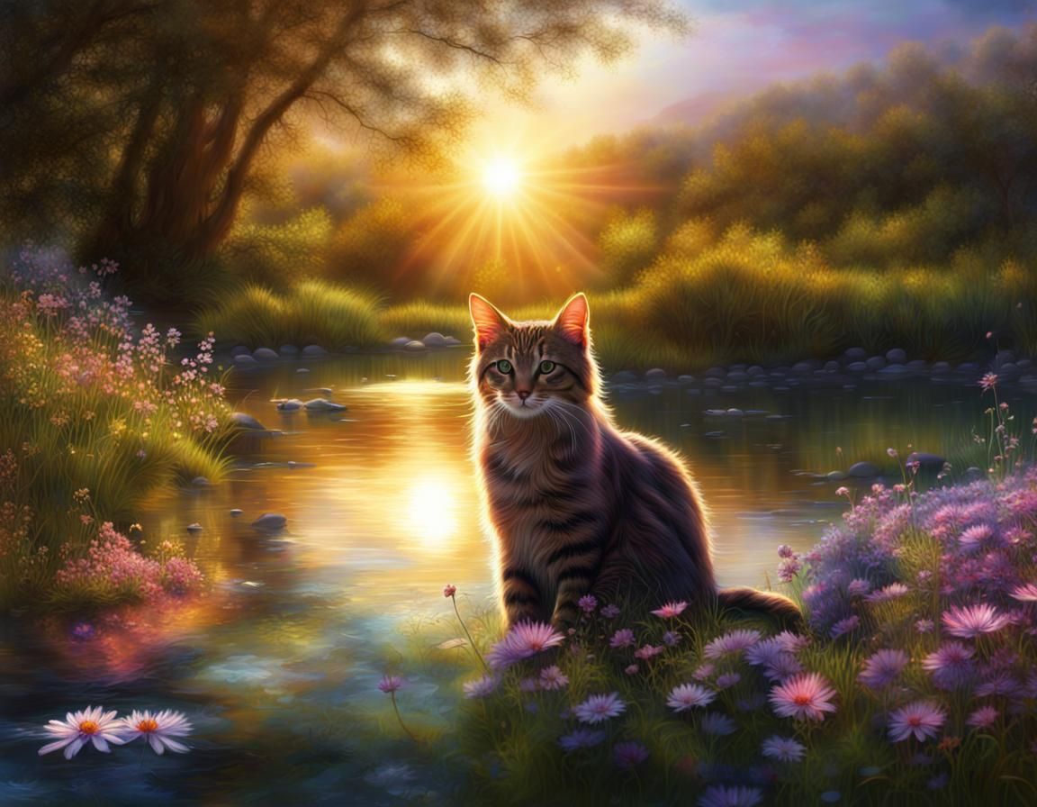 Cat by Sparkling River in Sunlight