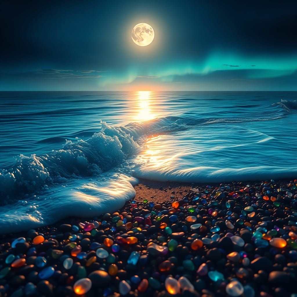 Moonlit Coastal Scene with Vibrant Pebbles and Gentle Waves