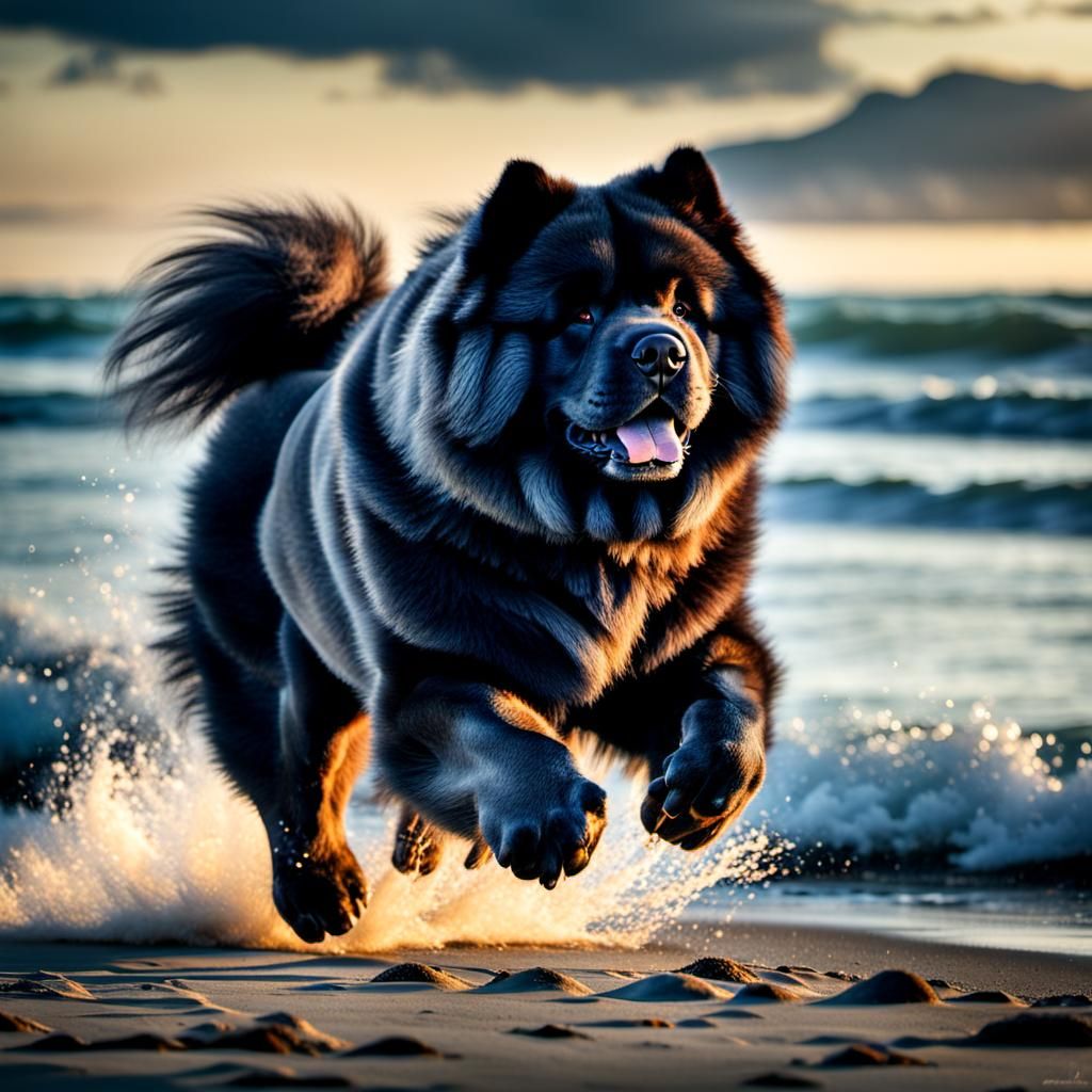 Elegant Black Chow Chow Runs on Beach
