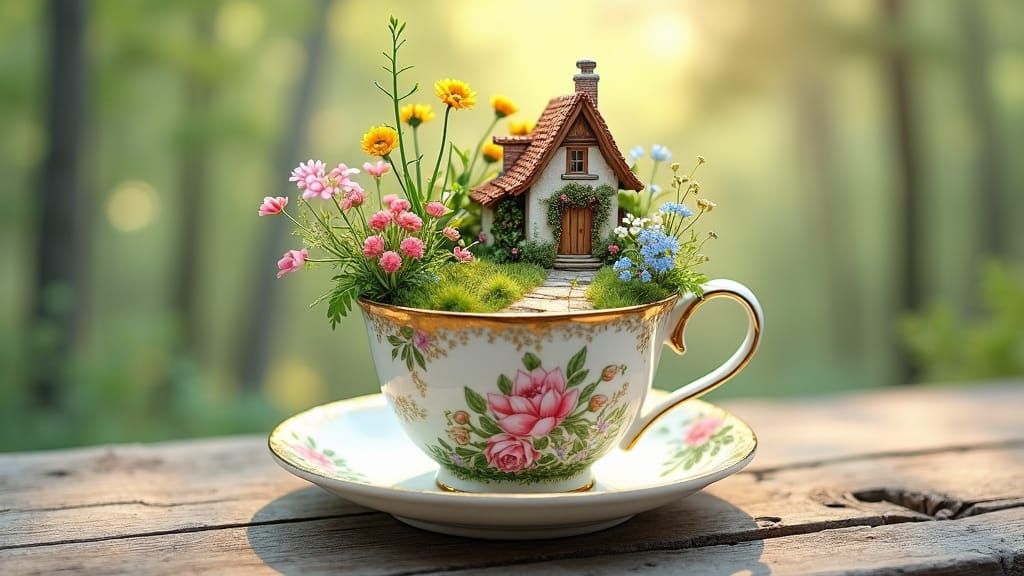 Miniature Home Inside Teacup, Whimsical Watercolor