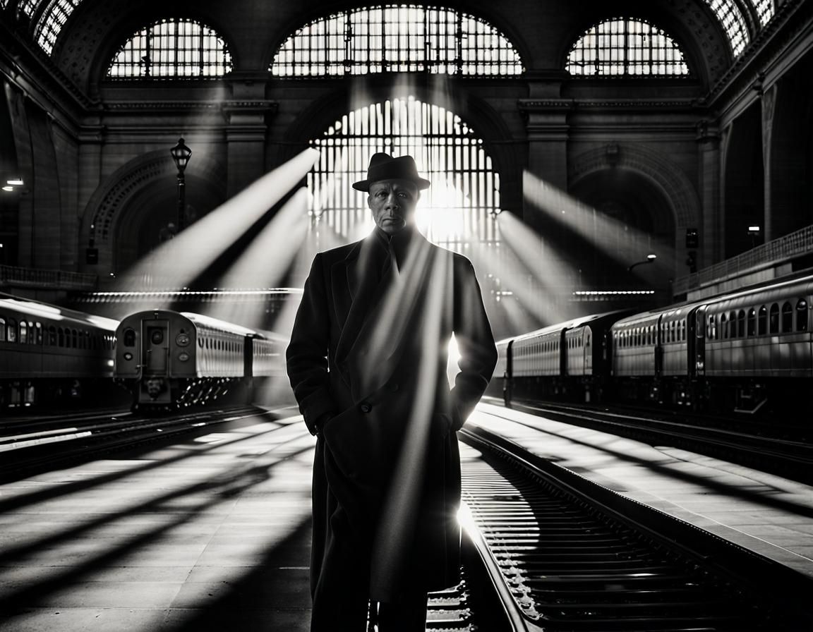 Noir Portrait of 1930s Man in New York Station