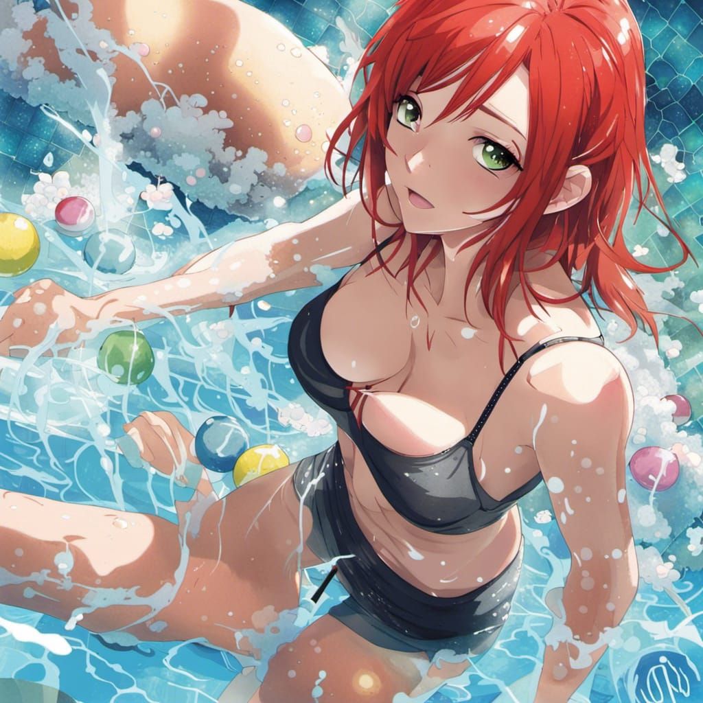 Red-Haired Girl in Anime Style by Pool