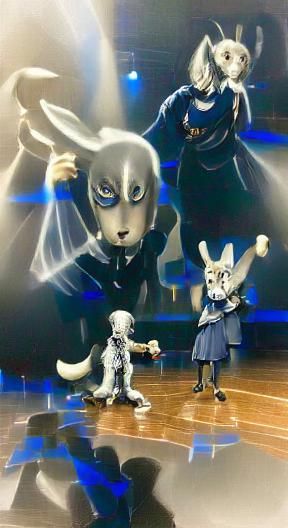 Beastars anime grey wolf legoshi and white rabbit haru dancing on a stage with a spotlight on them. H.R. Giger romantici...