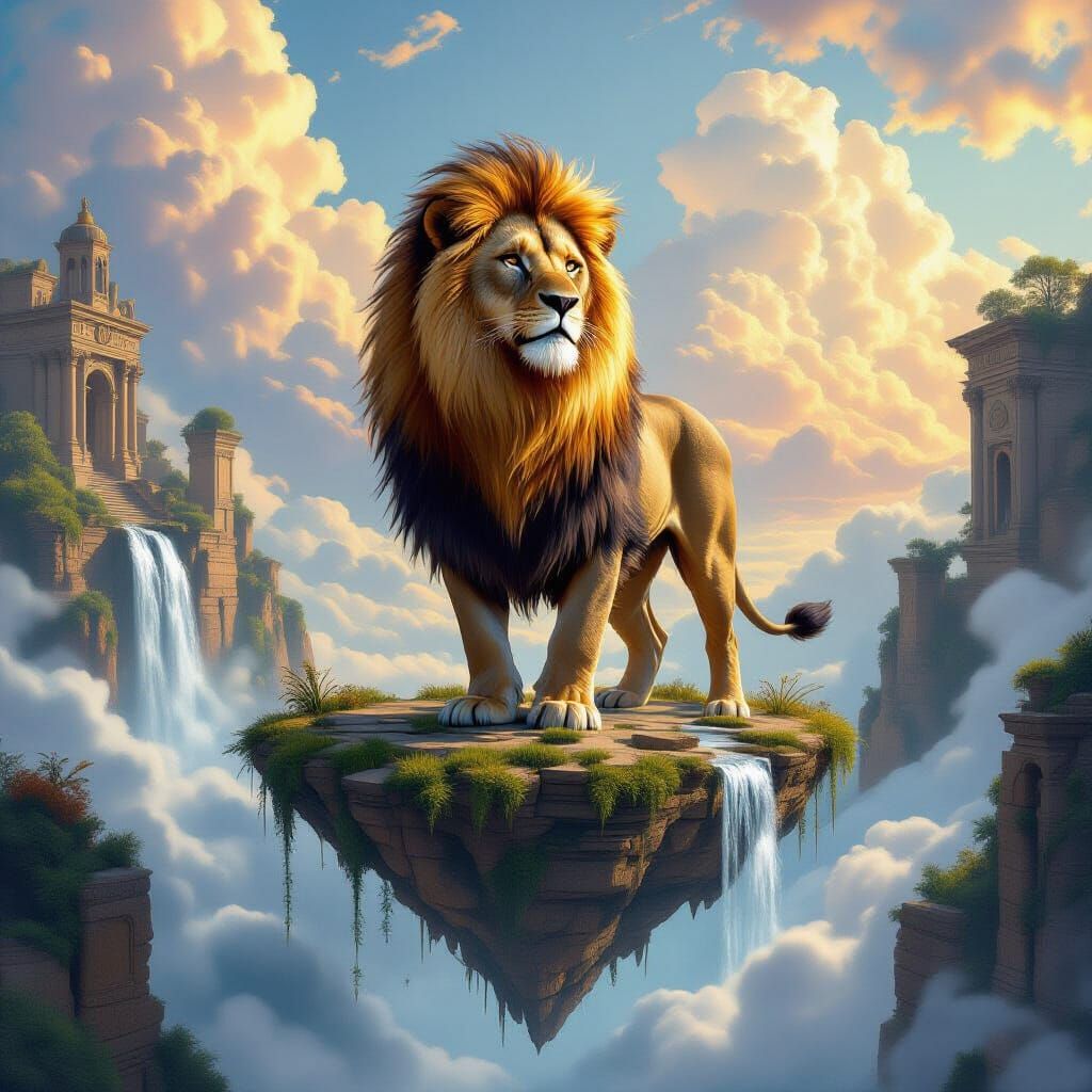 Lion on Floating Island with Ancient Ruins