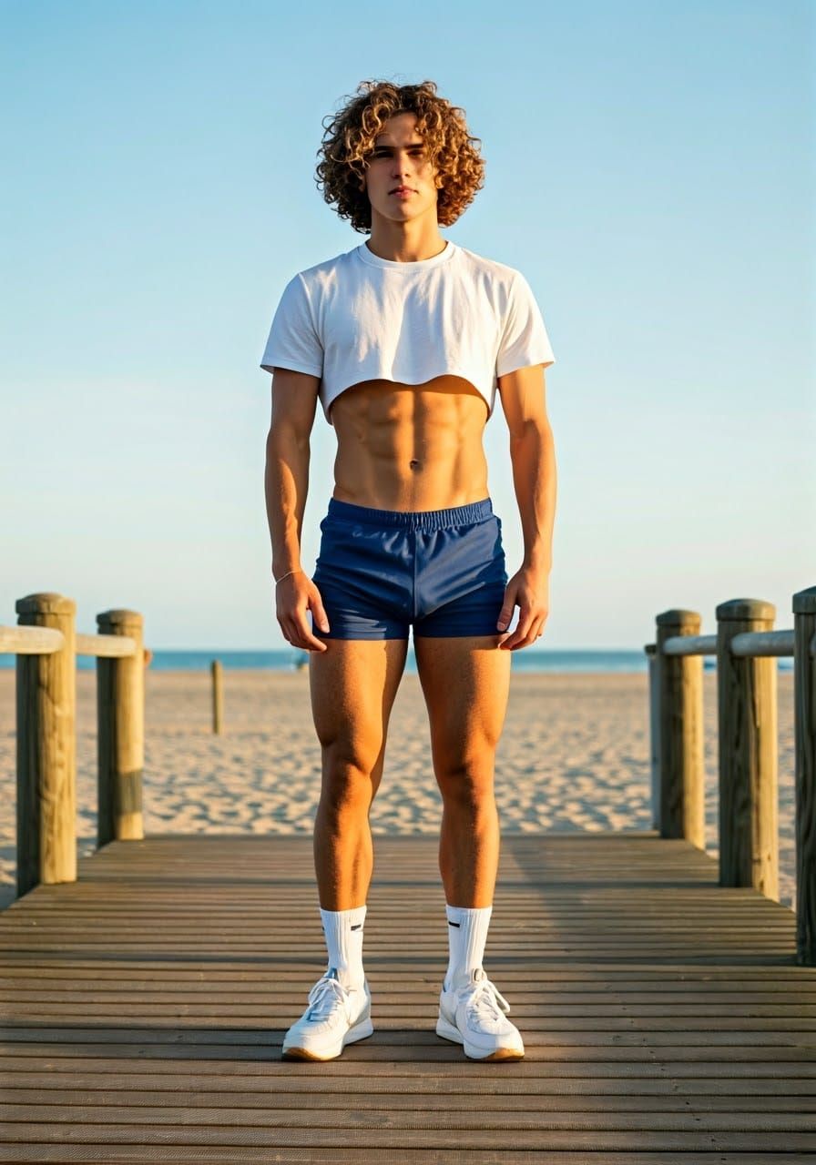 Male College Student in Crop Top on Boardwalk